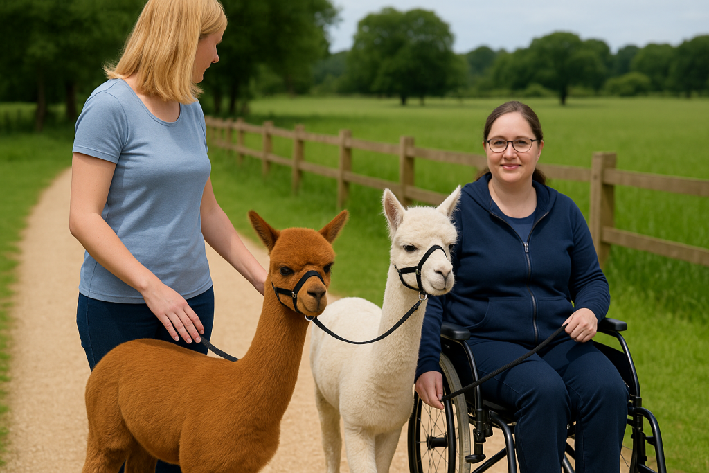 Accessible alpaca walking for wheelchair users at Hensting Alpacas Hampshire